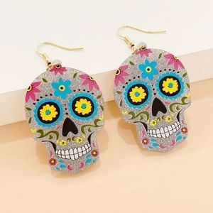 Sugar Skull Day of the Dead Silver Shimmer Resin Earrings Gold Hook